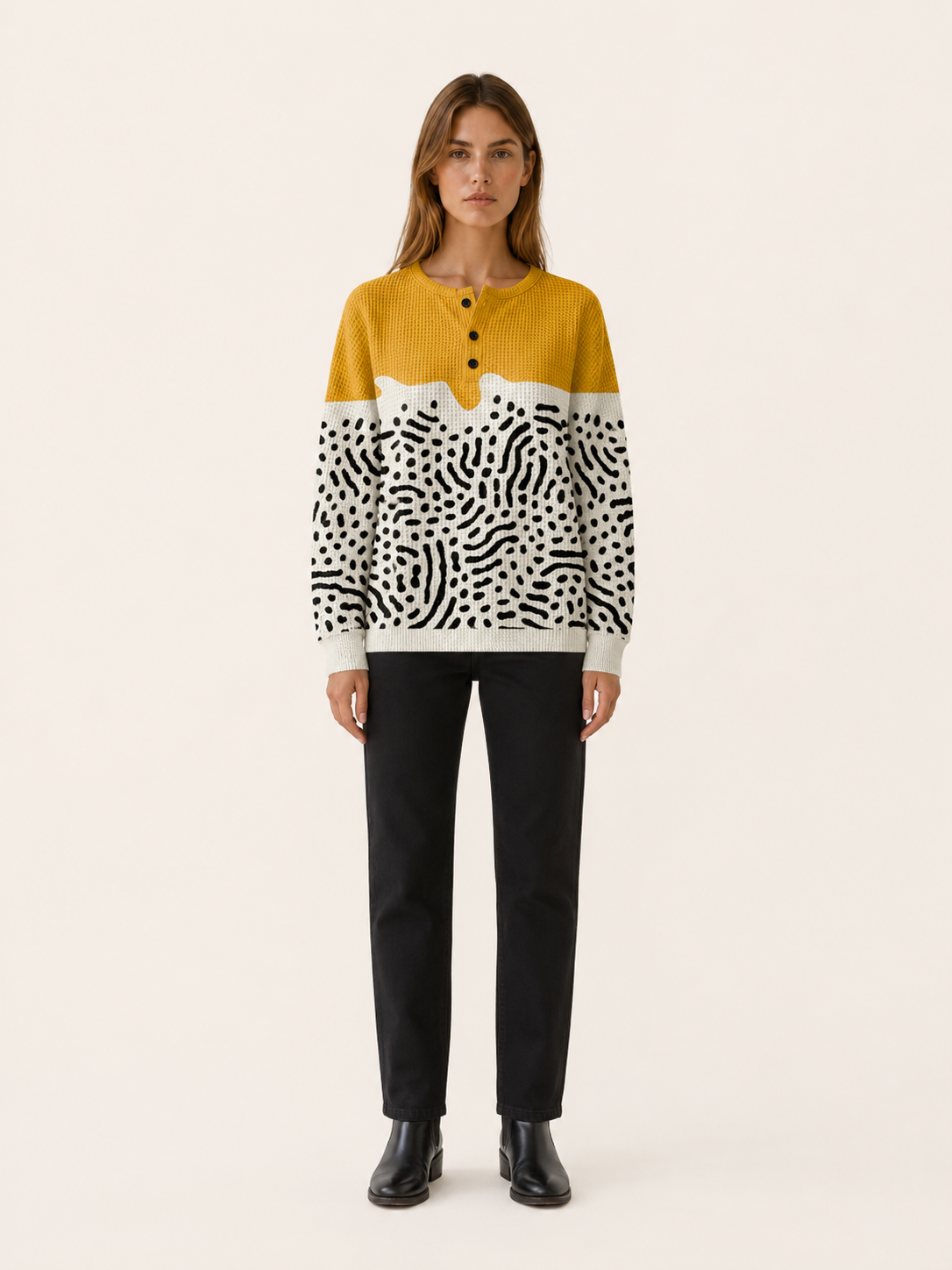 Women's Abstract Button Neck Jumper