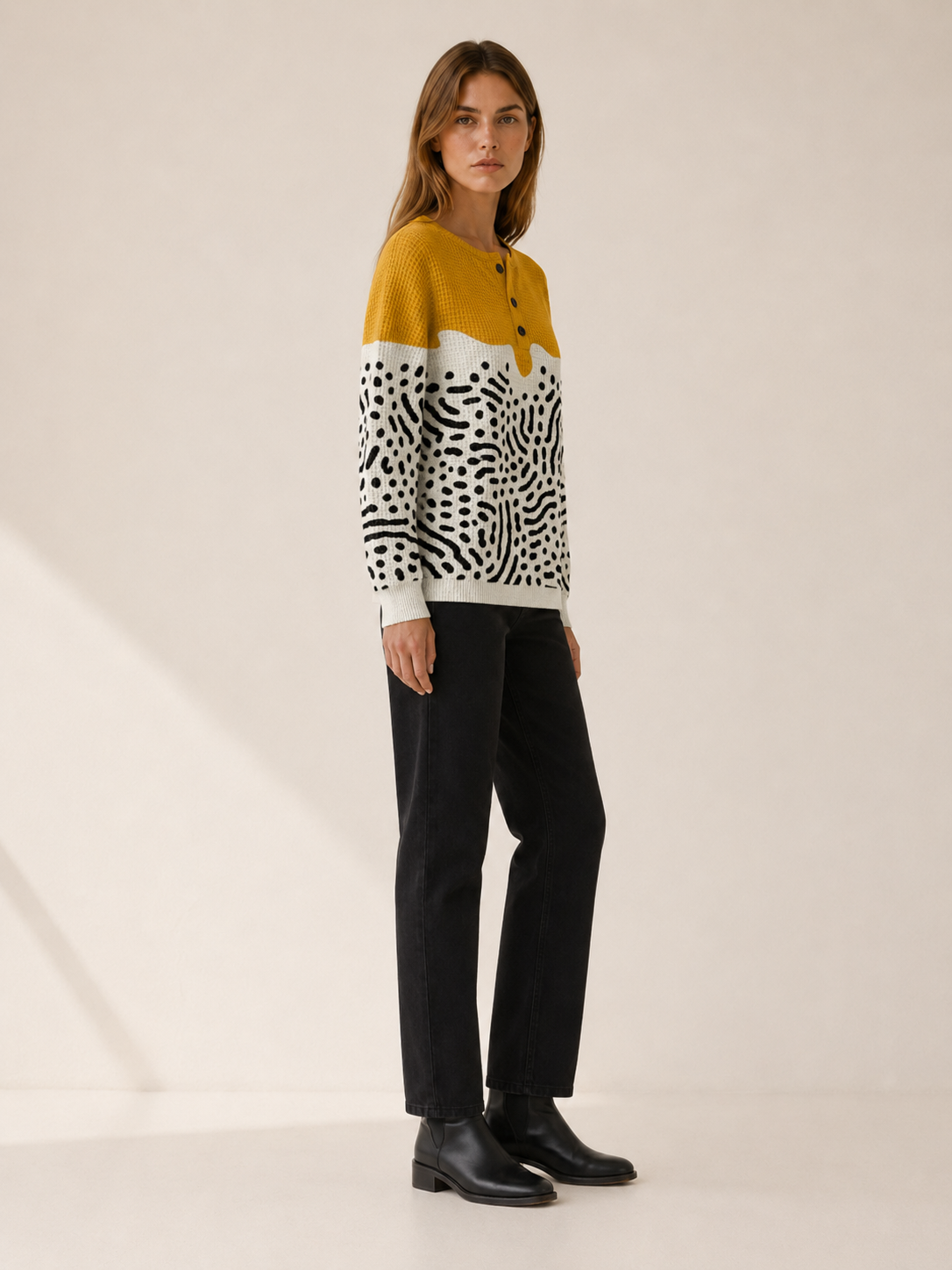 Women's Abstract Button Neck Jumper