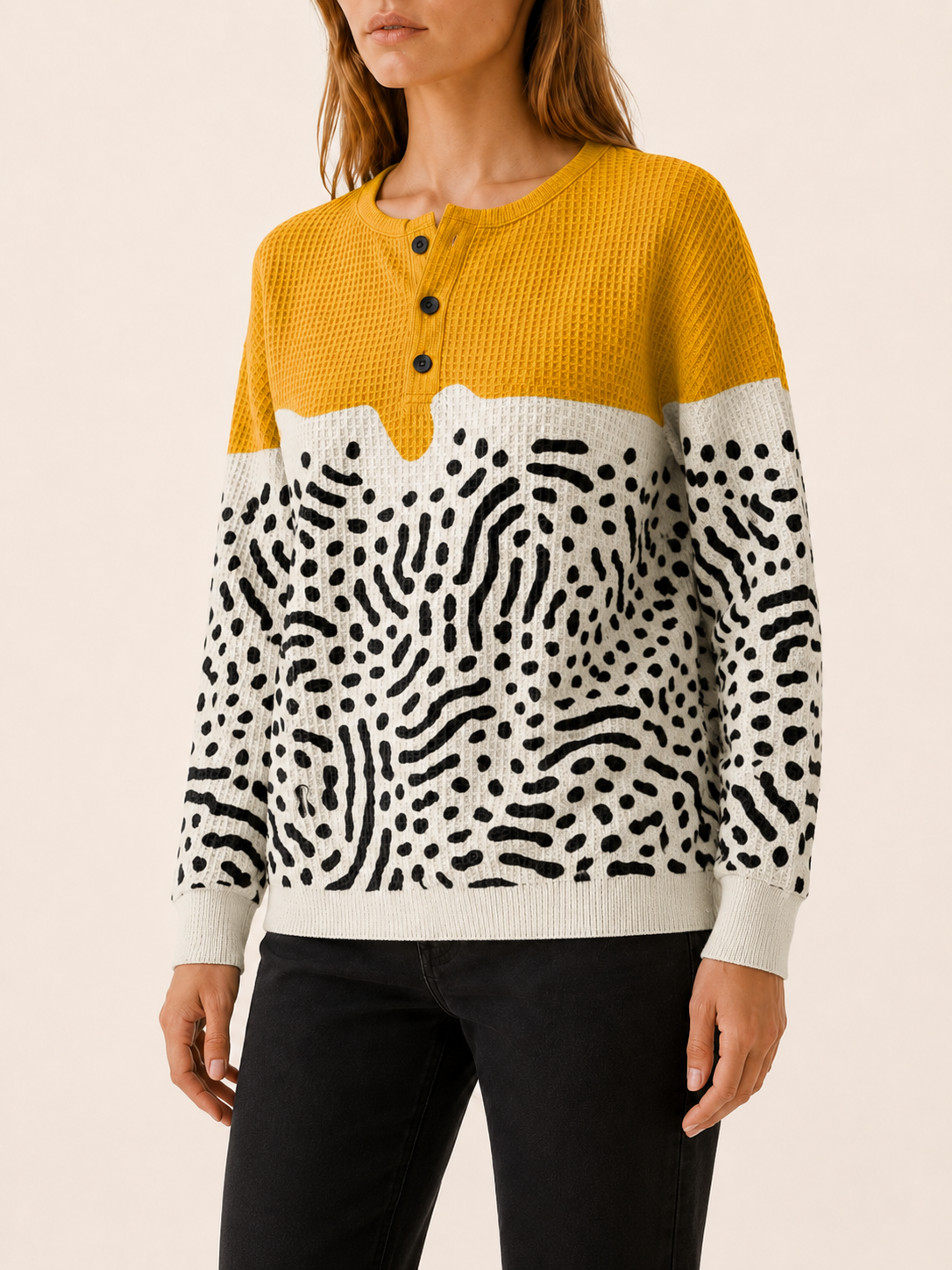 Women's Abstract Button Neck Jumper