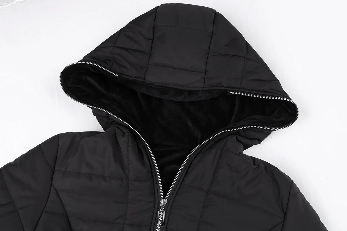 Women’s Longline Quilted Puffer Coat – Hooded Fleece-Lined Winter Jacket