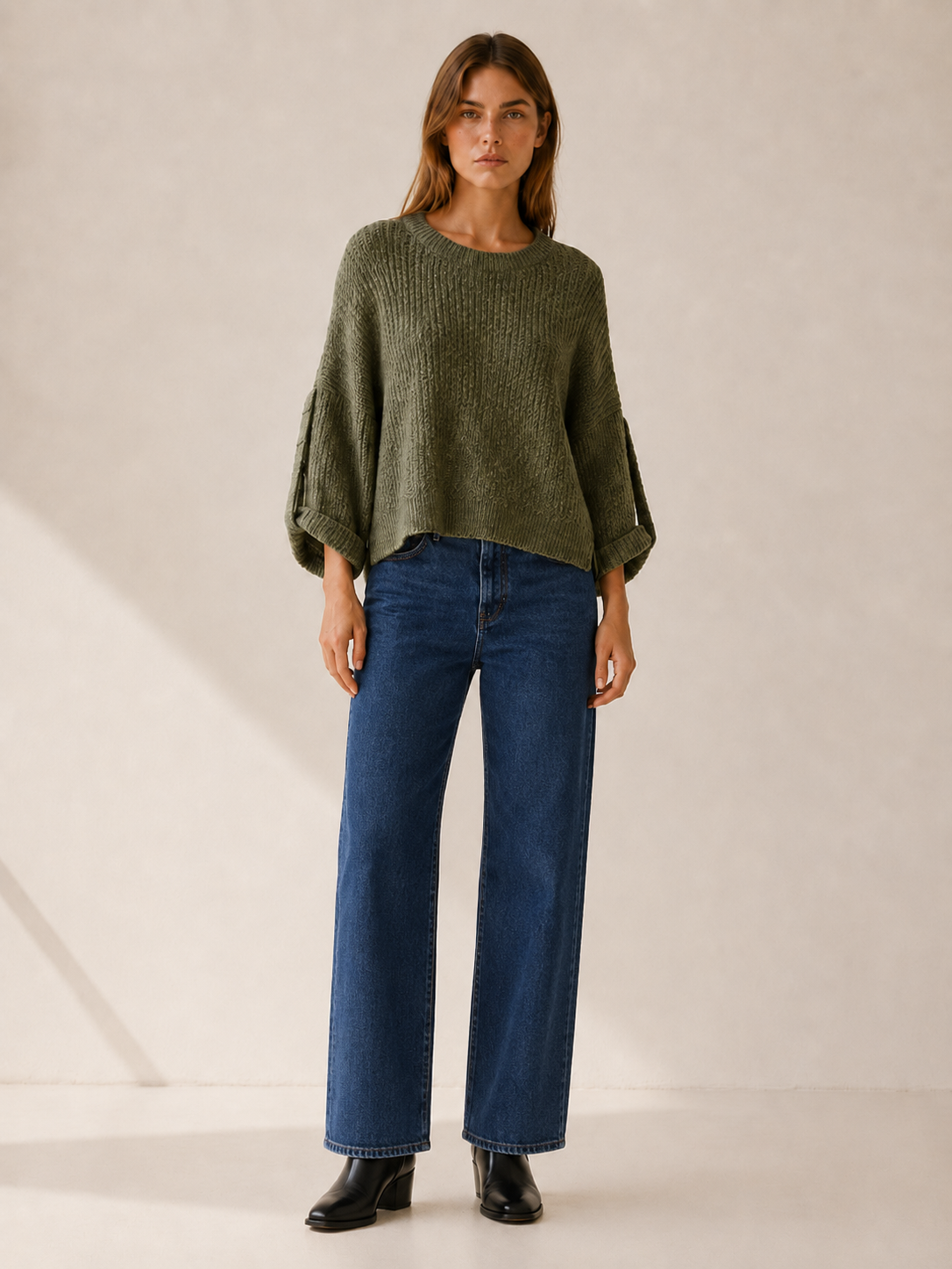 Round Neck Jumper with Roll-Up Sleeves