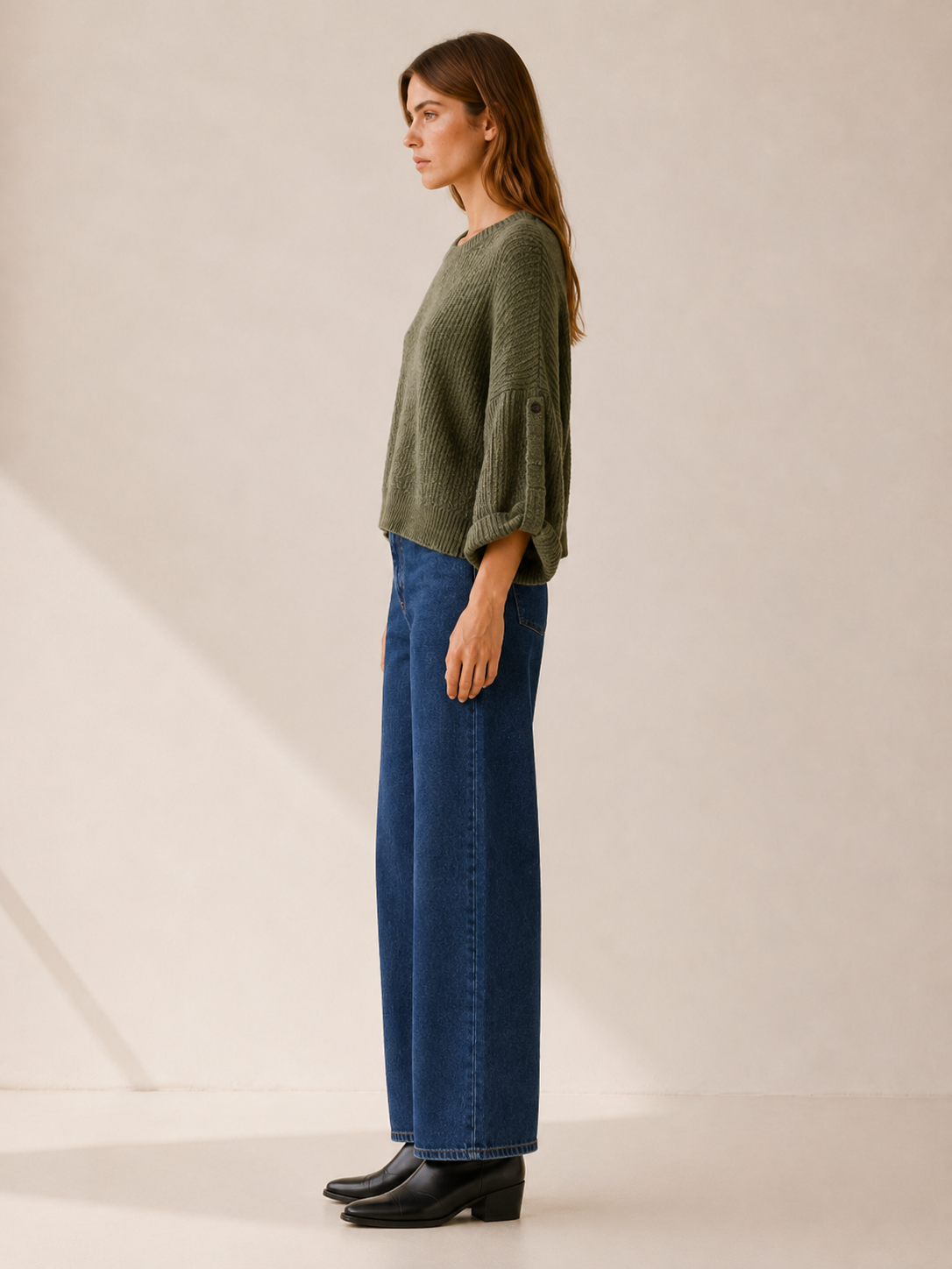 Round Neck Jumper with Roll-Up Sleeves