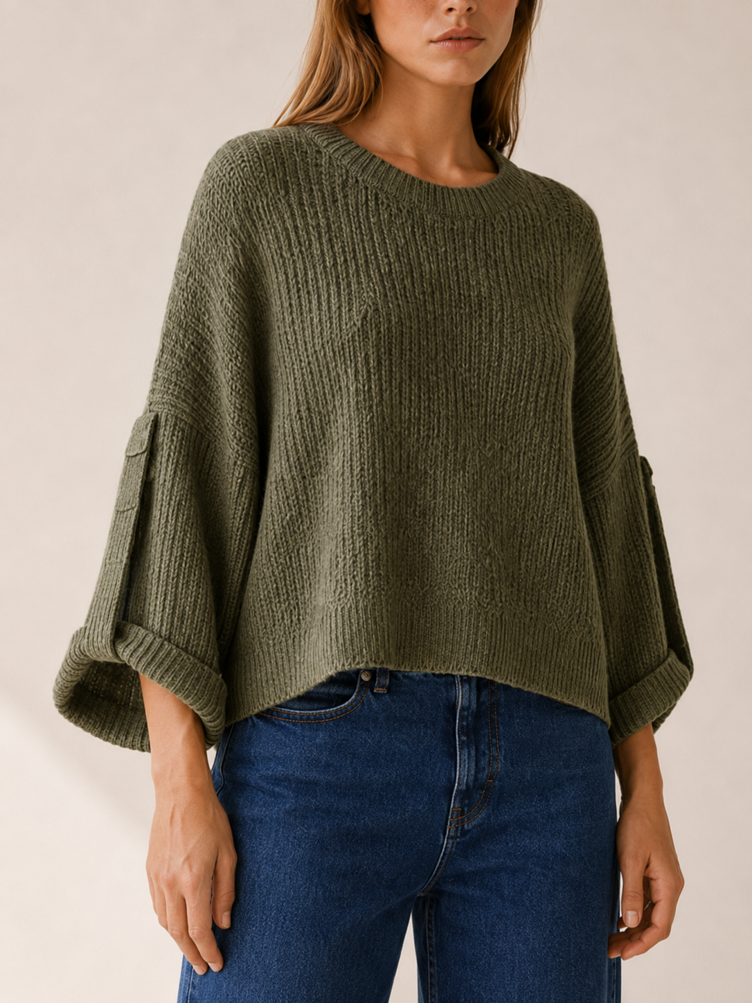 Round Neck Jumper with Roll-Up Sleeves