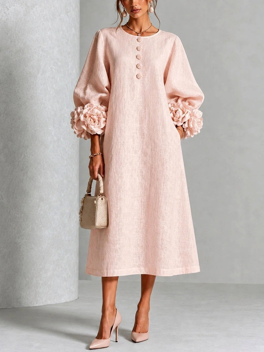 Women's Floral Cuff Midi Dress – Flared Long Sleeve Design
