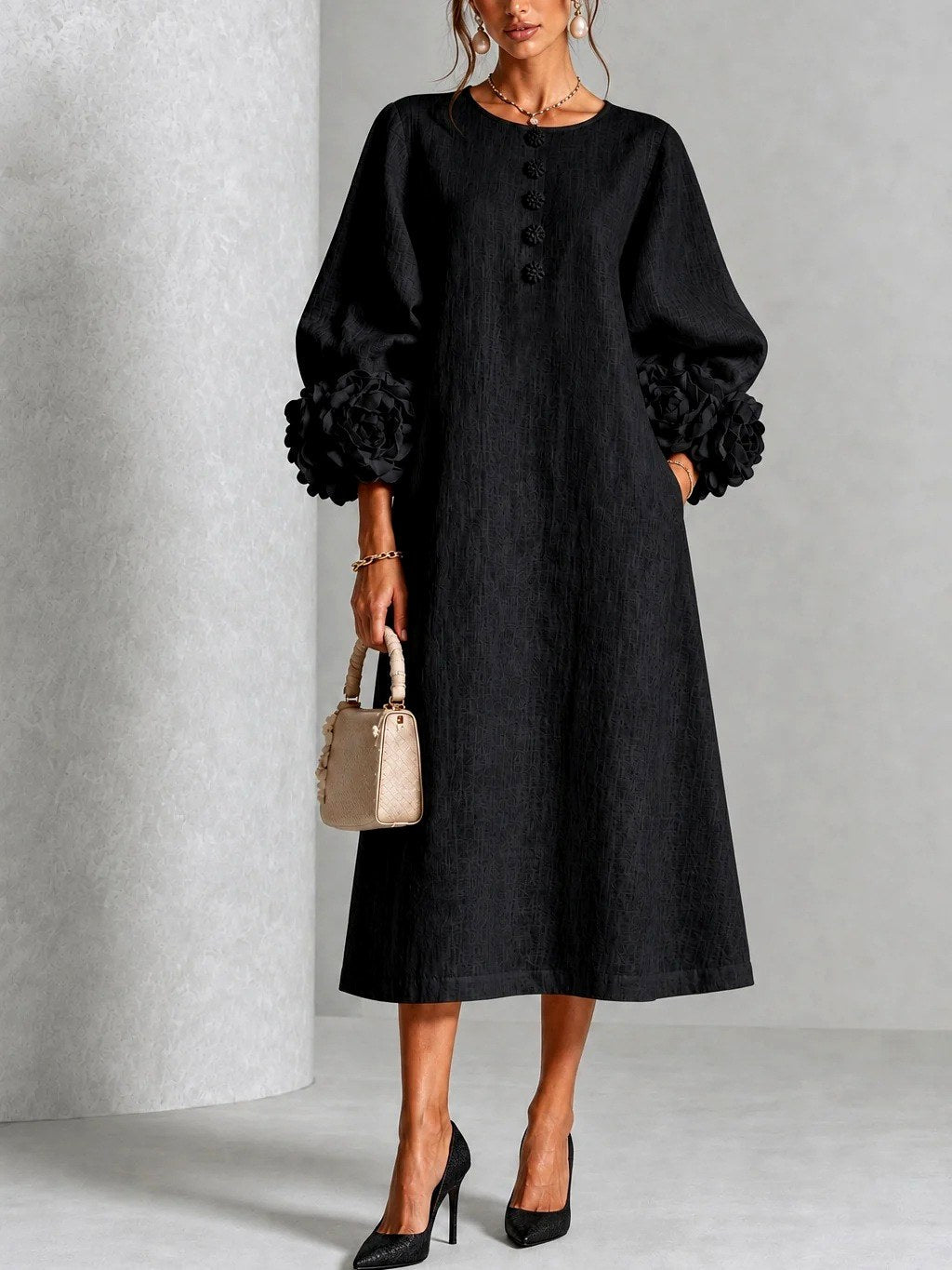 Women's Floral Cuff Midi Dress – Flared Long Sleeve Design