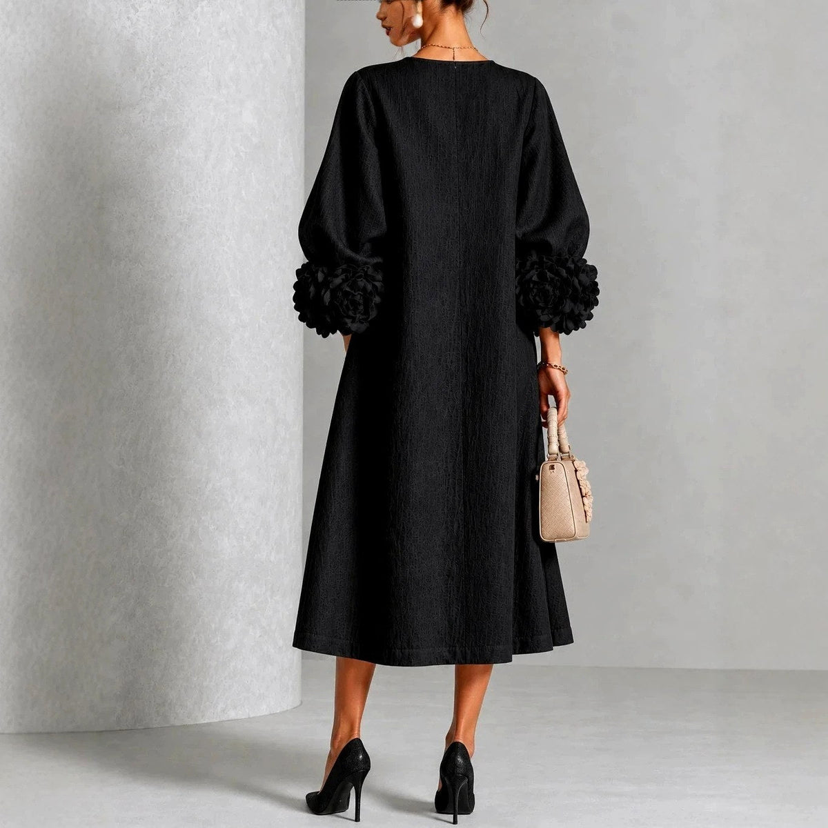 Women's Floral Cuff Midi Dress – Flared Long Sleeve Design