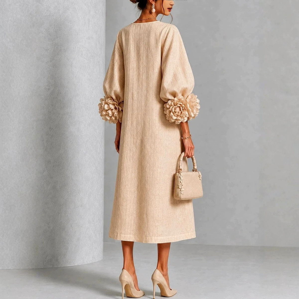 Women's Floral Cuff Midi Dress – Flared Long Sleeve Design