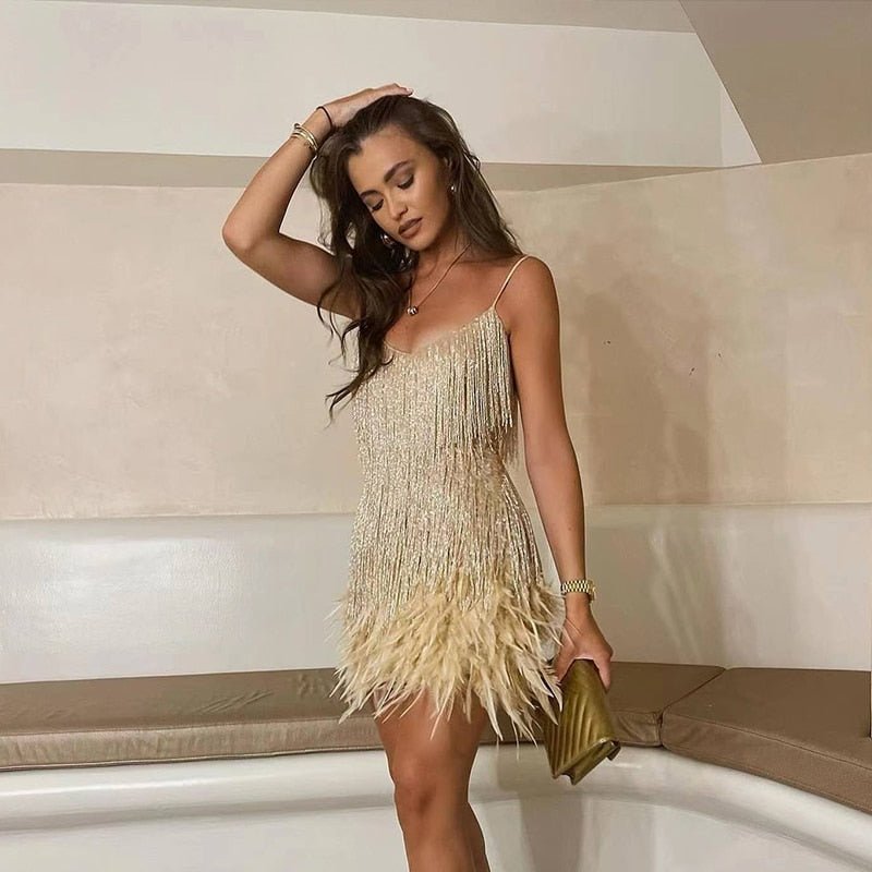 Women's Fringe & Feather Mini Dress – Elegant Evening Cocktail Style