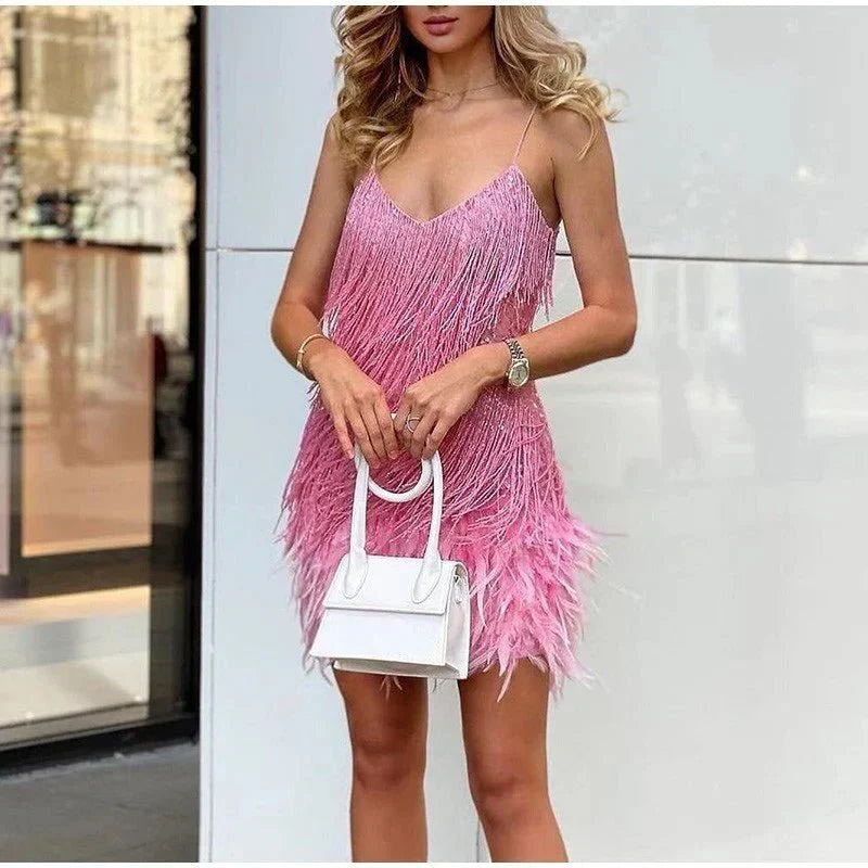 Women's Fringe & Feather Mini Dress – Elegant Evening Cocktail Style