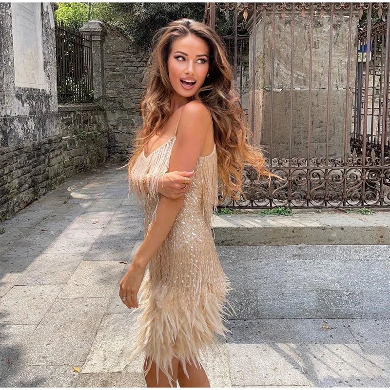 Women's Fringe & Feather Mini Dress – Elegant Evening Cocktail Style