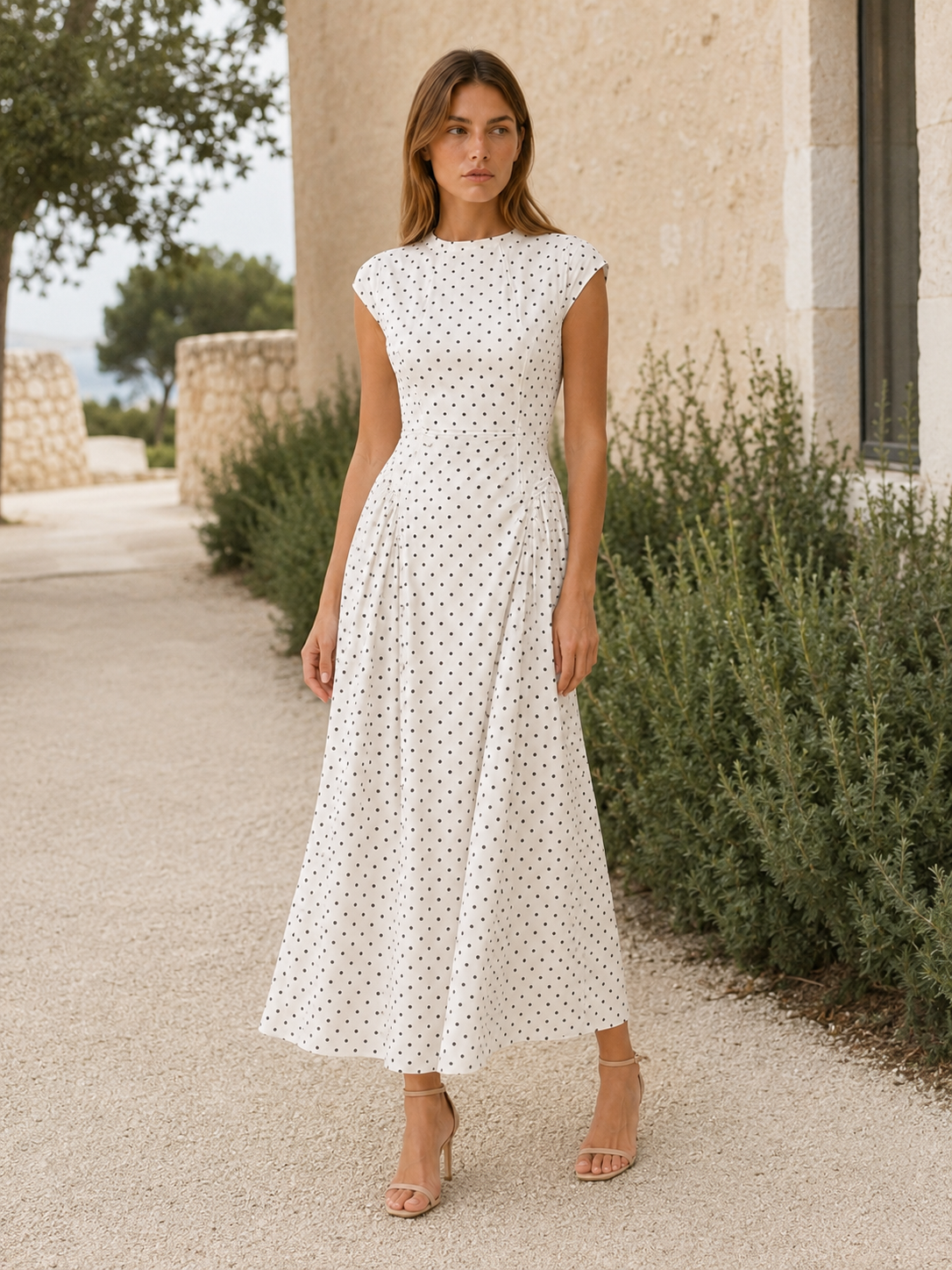Women's Polka Dot Maxi Dress – Cap Sleeve A-Line Occasion Dress