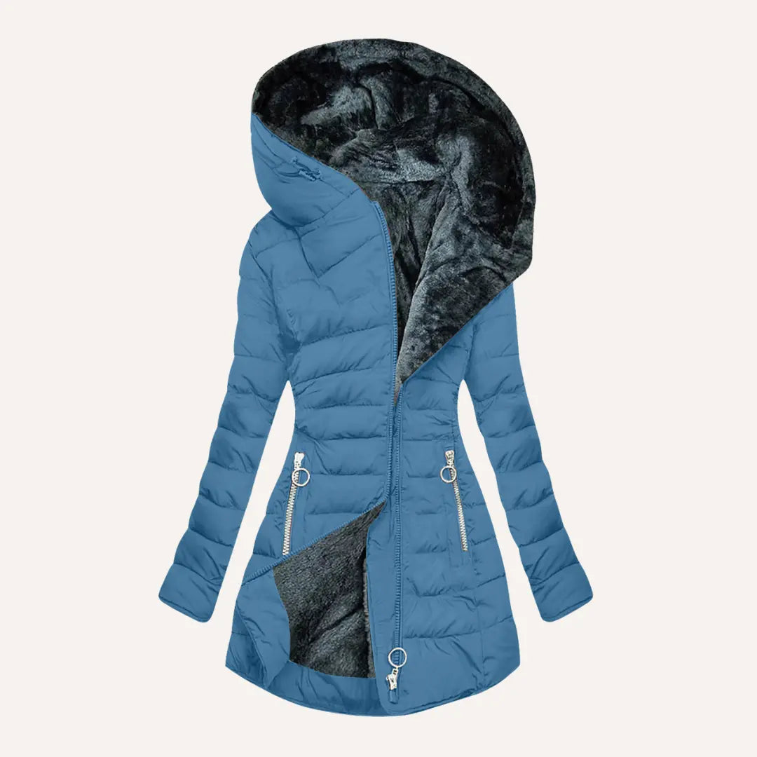 Women’s Longline Quilted Puffer Coat – Hooded Fleece-Lined Winter Jacket