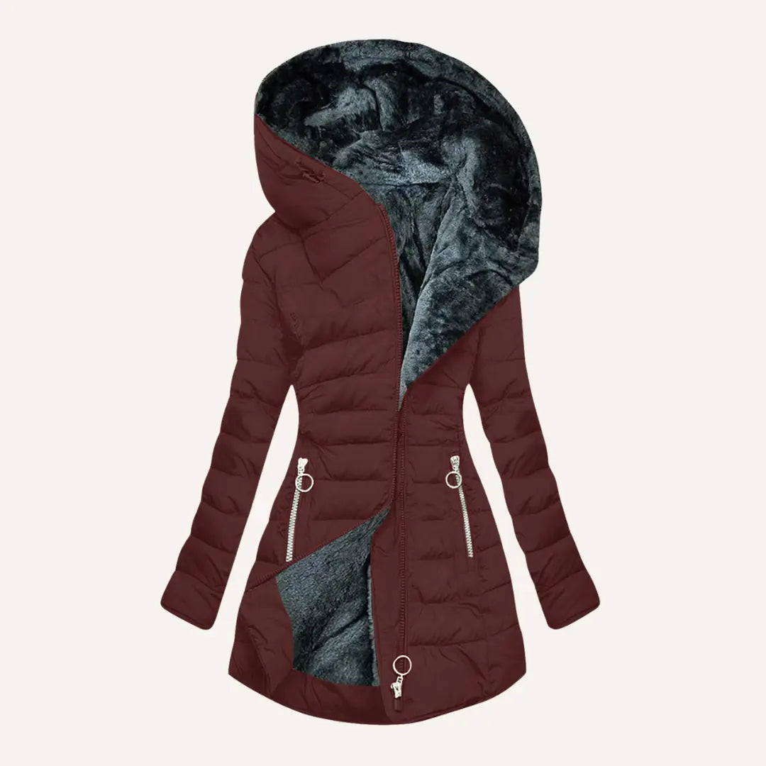 Women’s Longline Quilted Puffer Coat – Hooded Fleece-Lined Winter Jacket