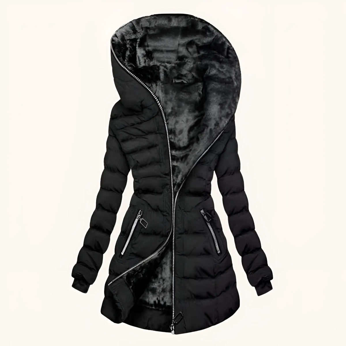 Women’s Longline Quilted Puffer Coat – Hooded Fleece-Lined Winter Jacket