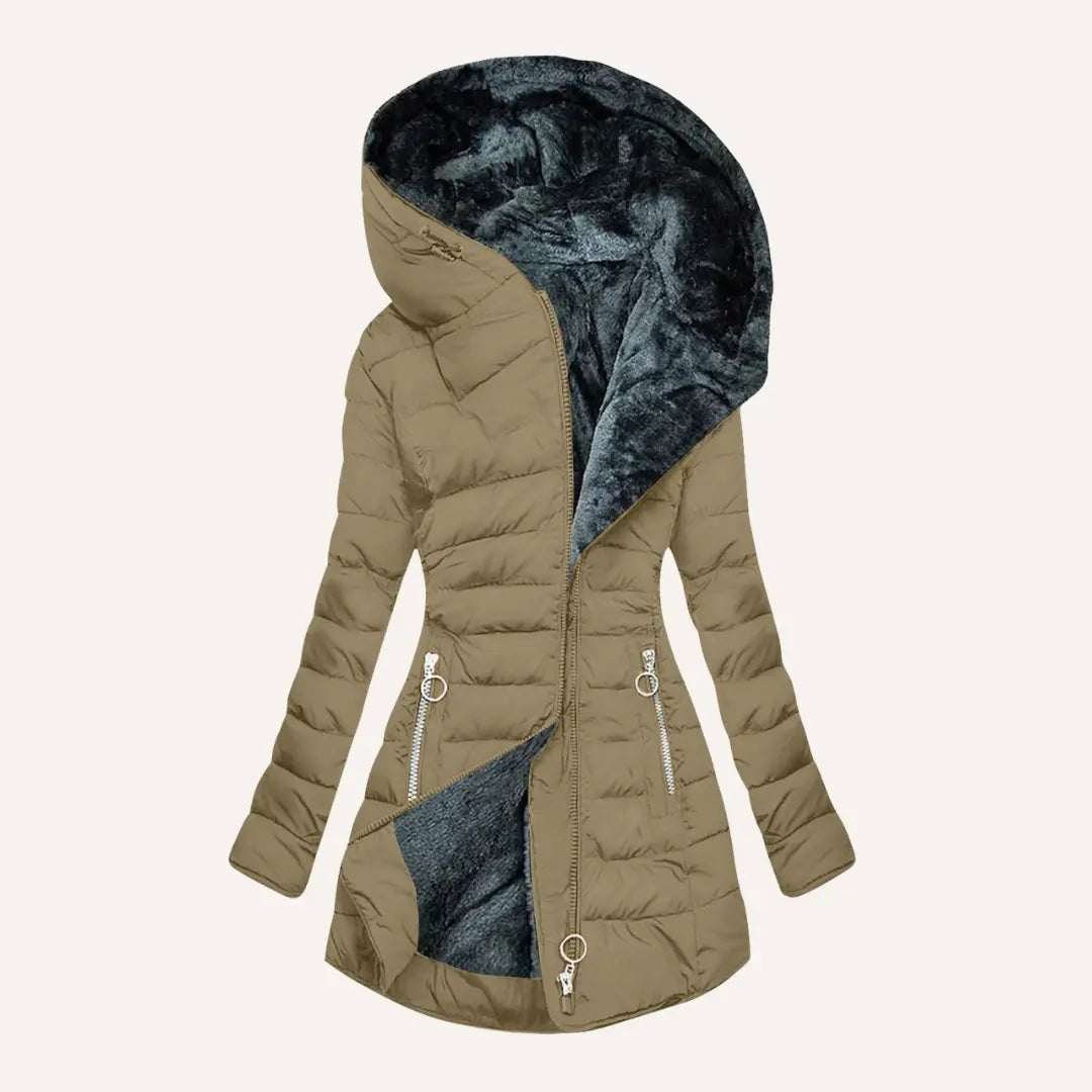 Women’s Longline Quilted Puffer Coat – Hooded Fleece-Lined Winter Jacket