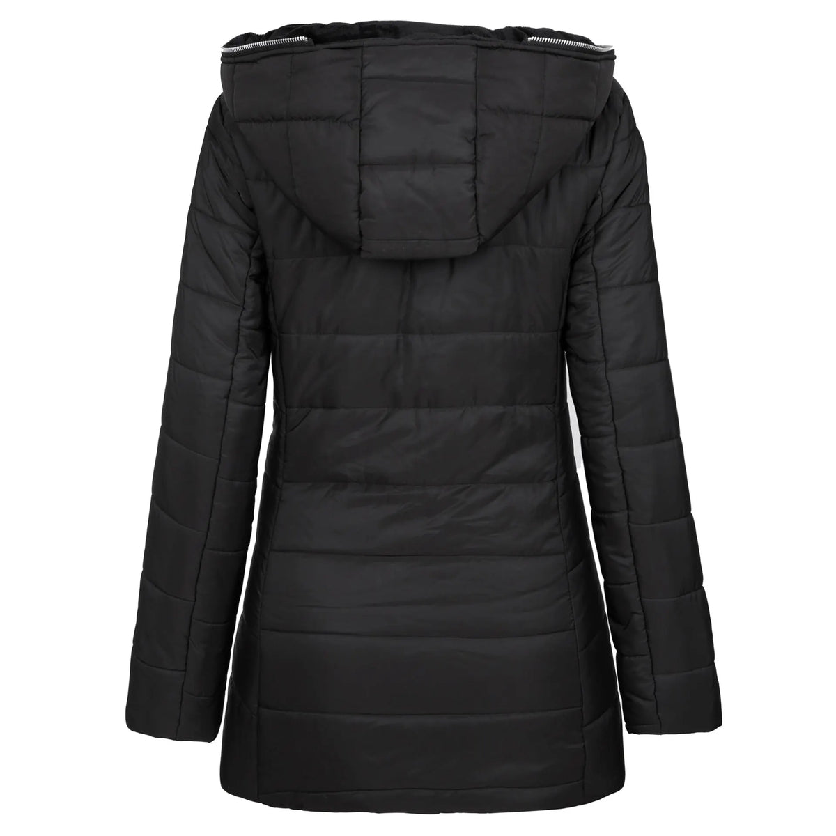 Women’s Longline Quilted Puffer Coat – Hooded Fleece-Lined Winter Jacket