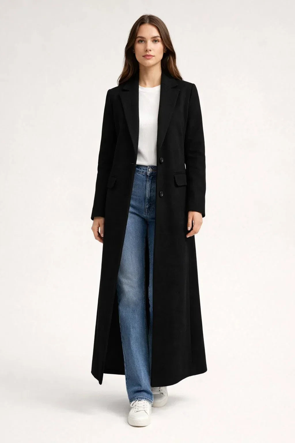 Women's Longline Tailored Coat – Notch Lapel Button Front