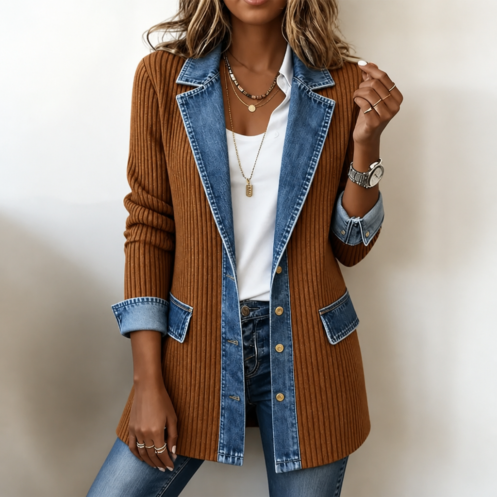 Women's Ribbed Knit & Denim Coat – Open Front Longline Cardigan