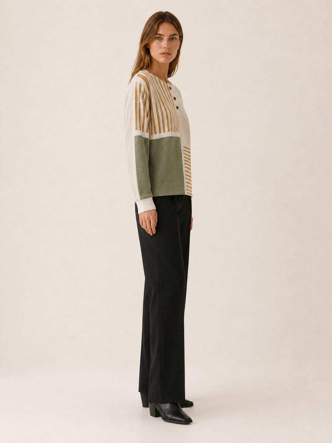 Women's Striped Panel Button Neck Jumper