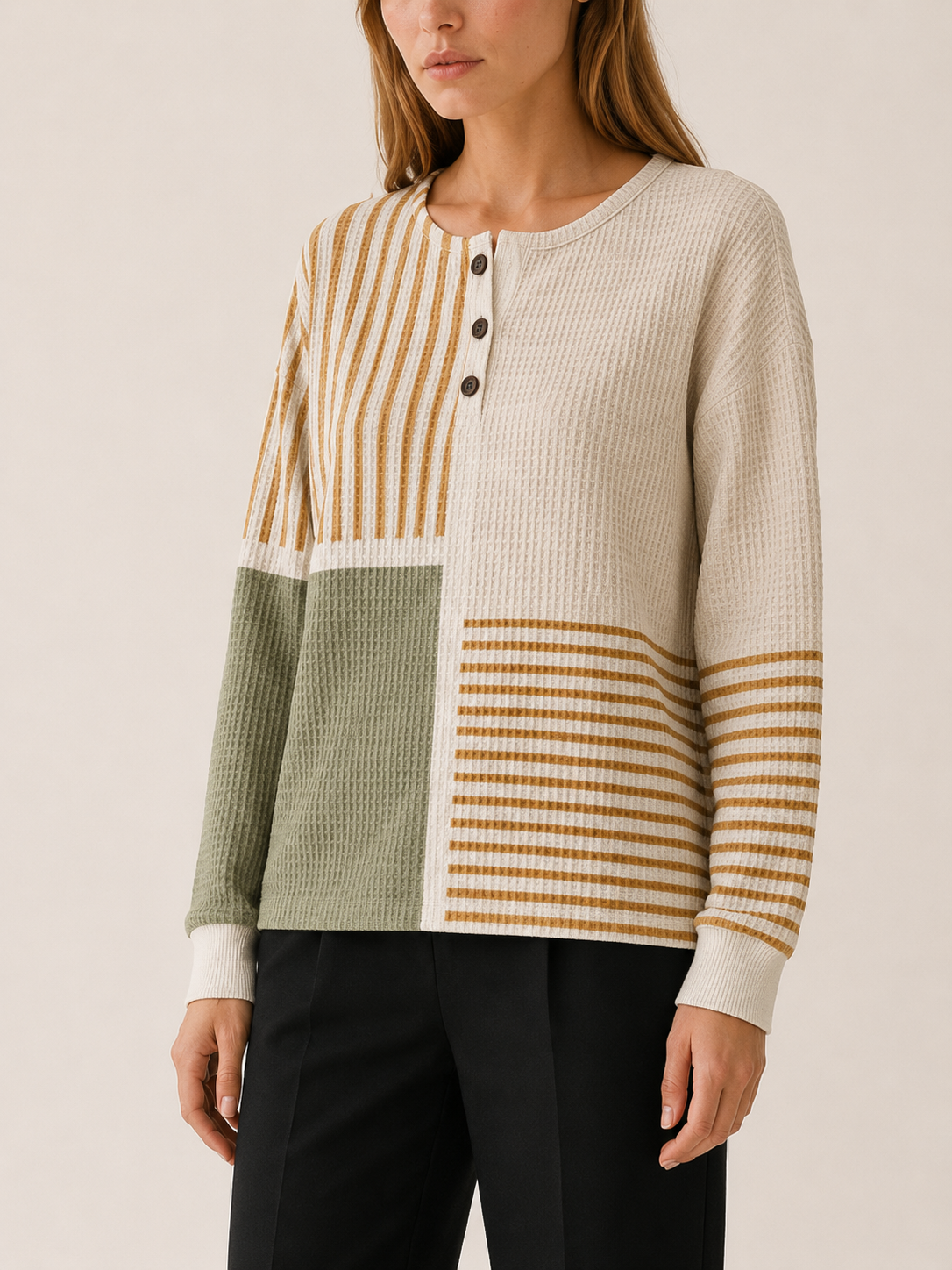 Women's Striped Panel Button Neck Jumper