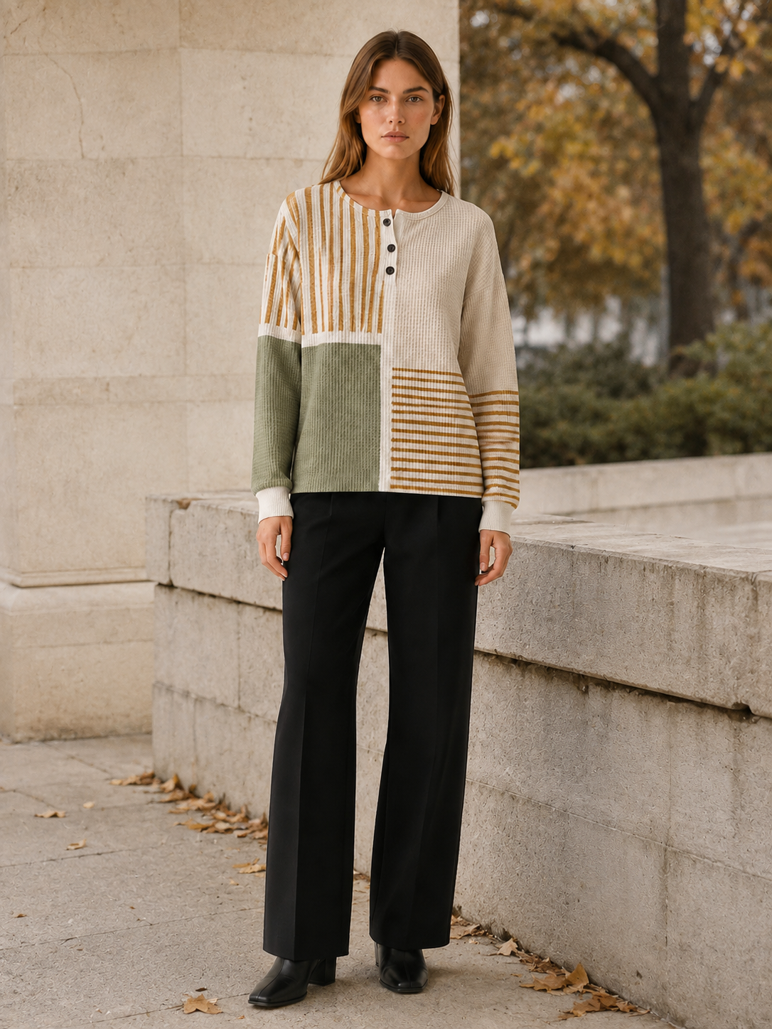 Women's Striped Panel Button Neck Jumper