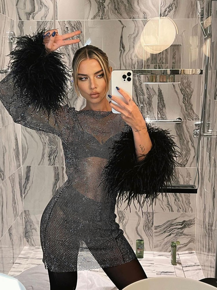 Women’s Sequin Mini Dress with Sheer Sleeves – Elegant Cocktail Style