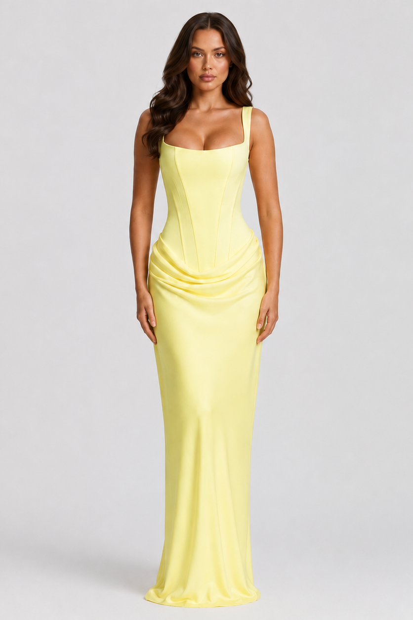 Women’s Elegant Corset Maxi Dress with Pleated Skirt for Formal Occasions