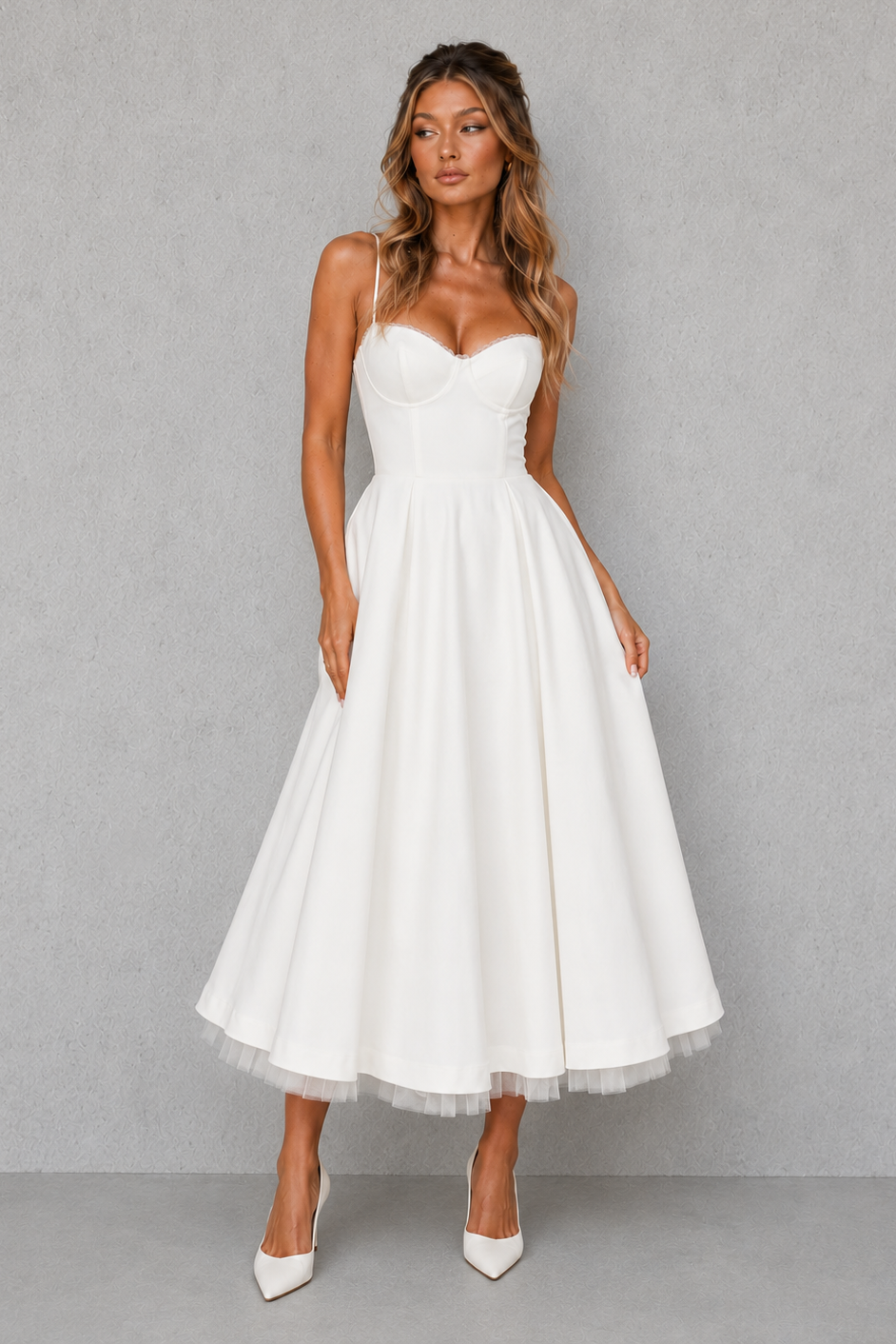 Women's Corset Midi Dress with Full Skirt - Wedding Guest & Occasion Wear