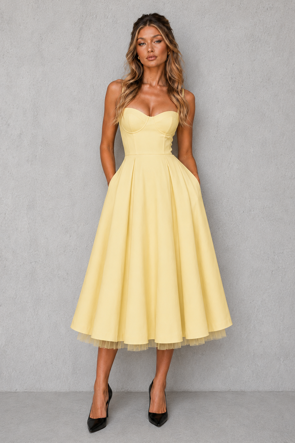 Women's Corset Midi Dress with Full Skirt - Wedding Guest & Occasion Wear