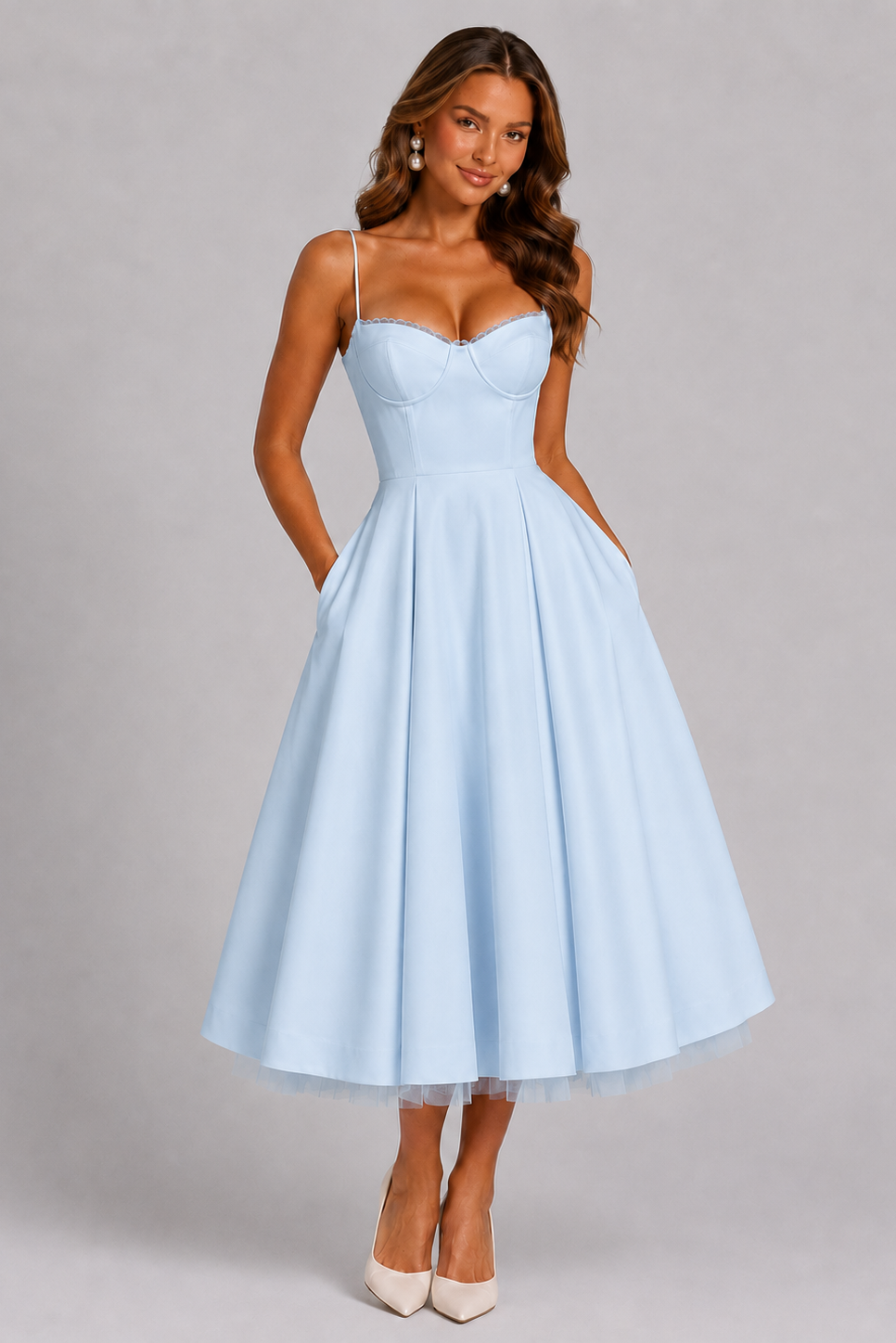 Women’s Corset Midi Dress with Full Skirt for Weddings & Special Occasions