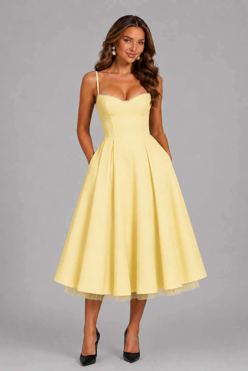 Women’s Corset Midi Dress with Full Skirt for Weddings & Special Occasions