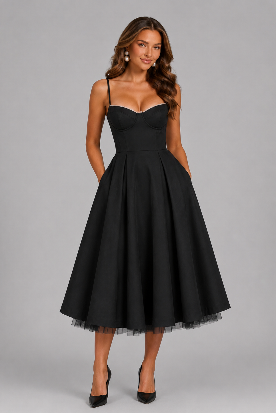Women’s Corset Midi Dress with Full Skirt for Weddings & Special Occasions