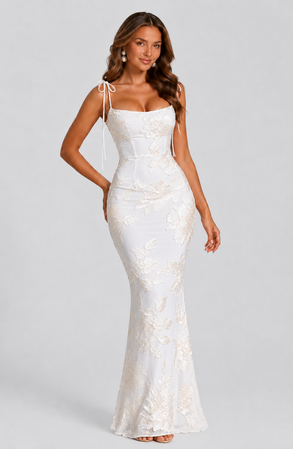 Women’s Embroidered Floral Maxi Dress with Tie Straps - Elegant Occasion Style