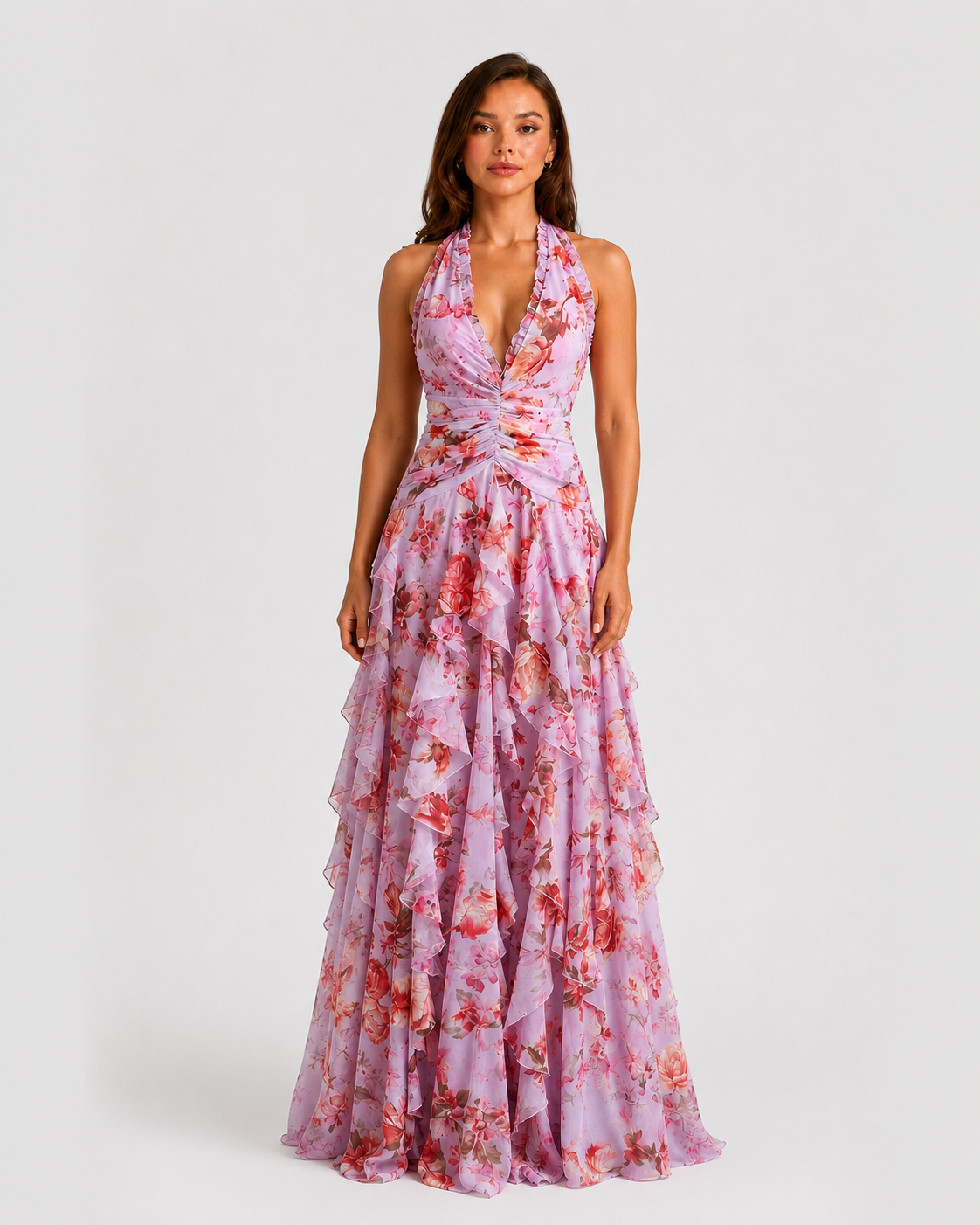 Women’s Floral Halter Maxi Dress with Tiered Skirt for Summer & Occasion Wear