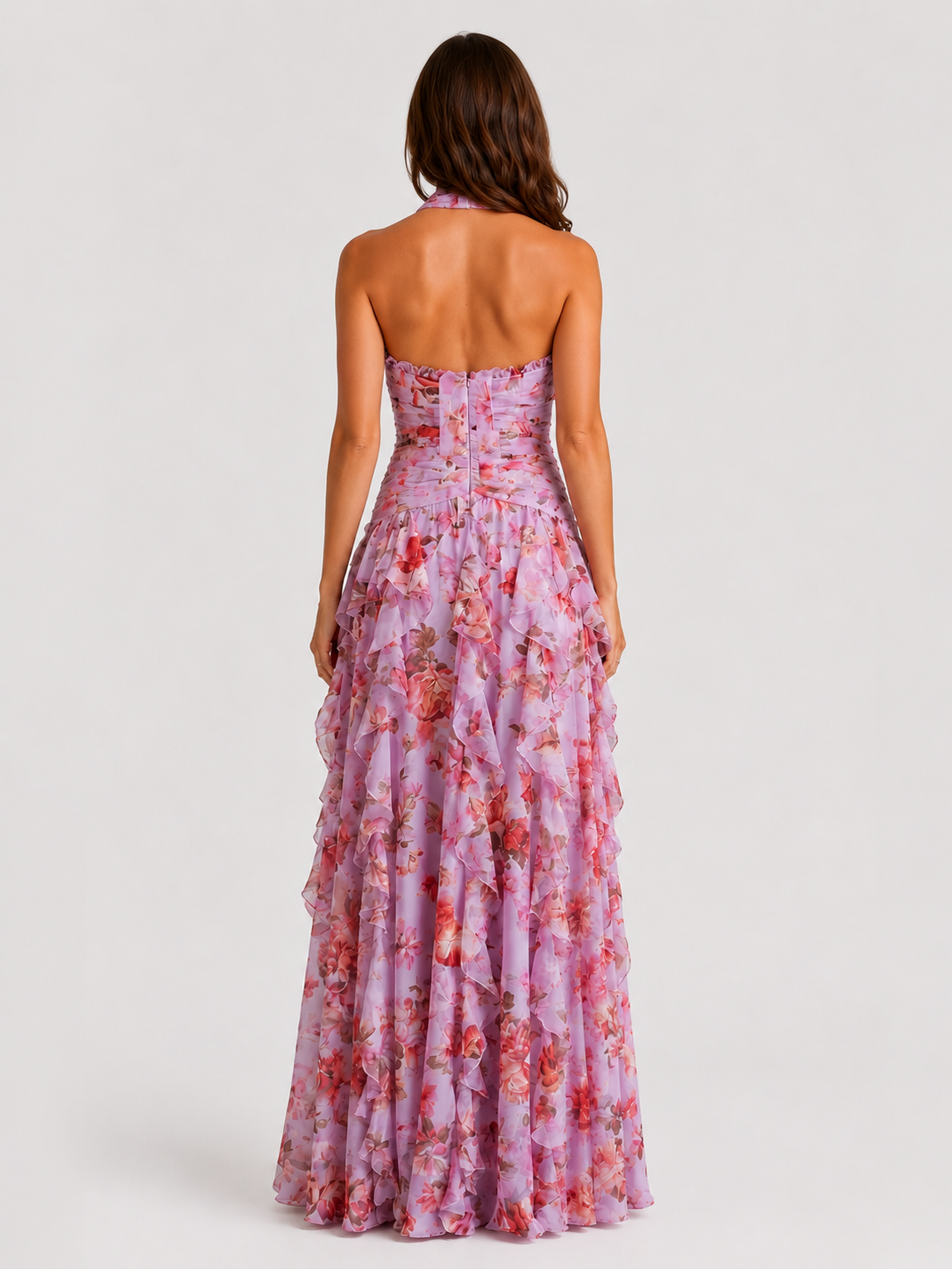 Women’s Floral Halter Maxi Dress with Tiered Skirt for Summer & Occasion Wear