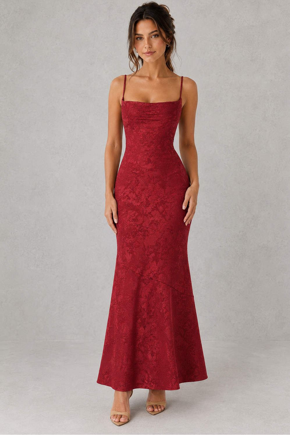 Women’s Floral Jacquard Maxi Dress with Cowl Neck for Evening & Occasion Wear