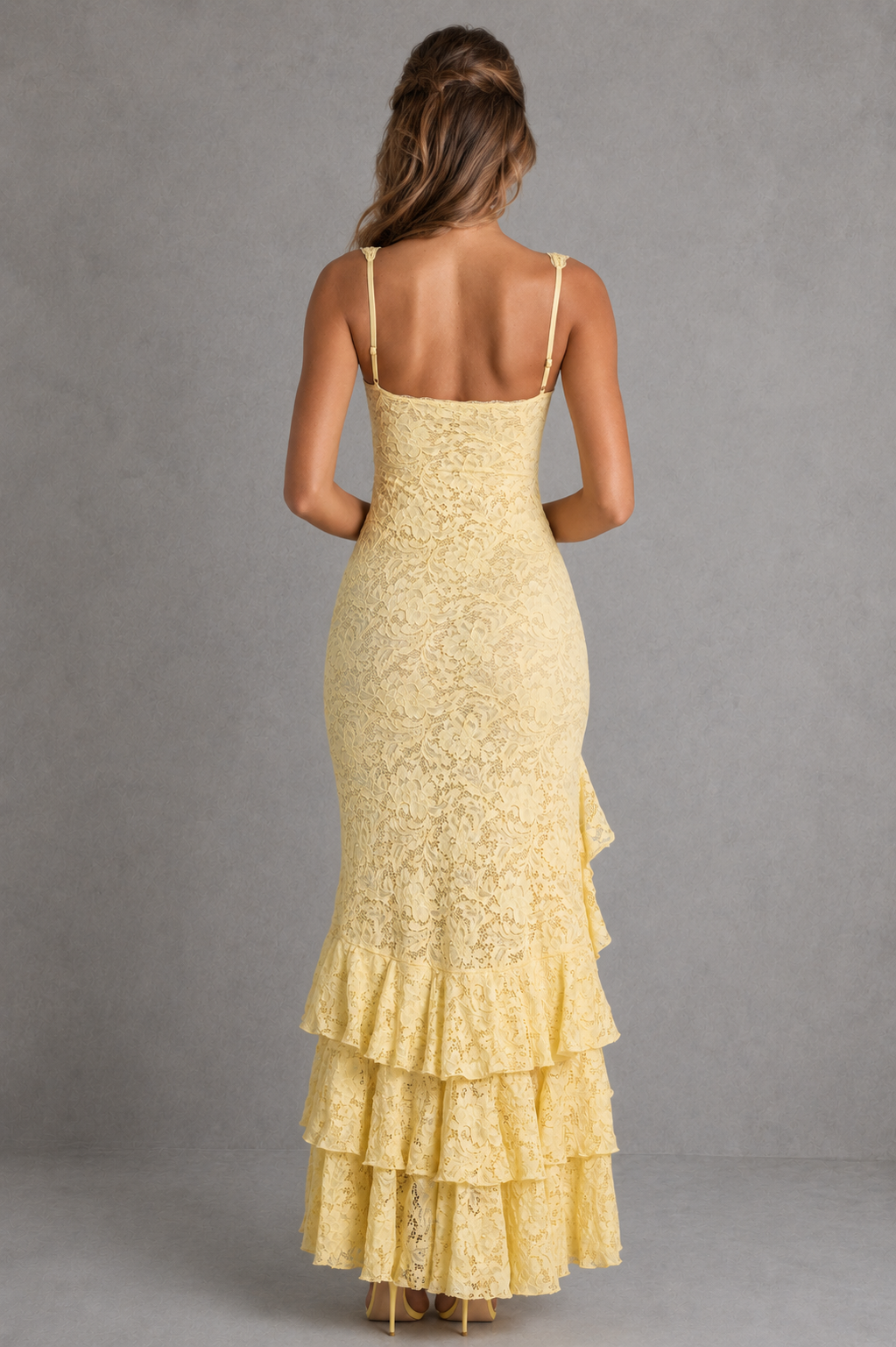Women's Lace Maxi Dress with High Split & Ruffle Hem - Formal Evening Dress