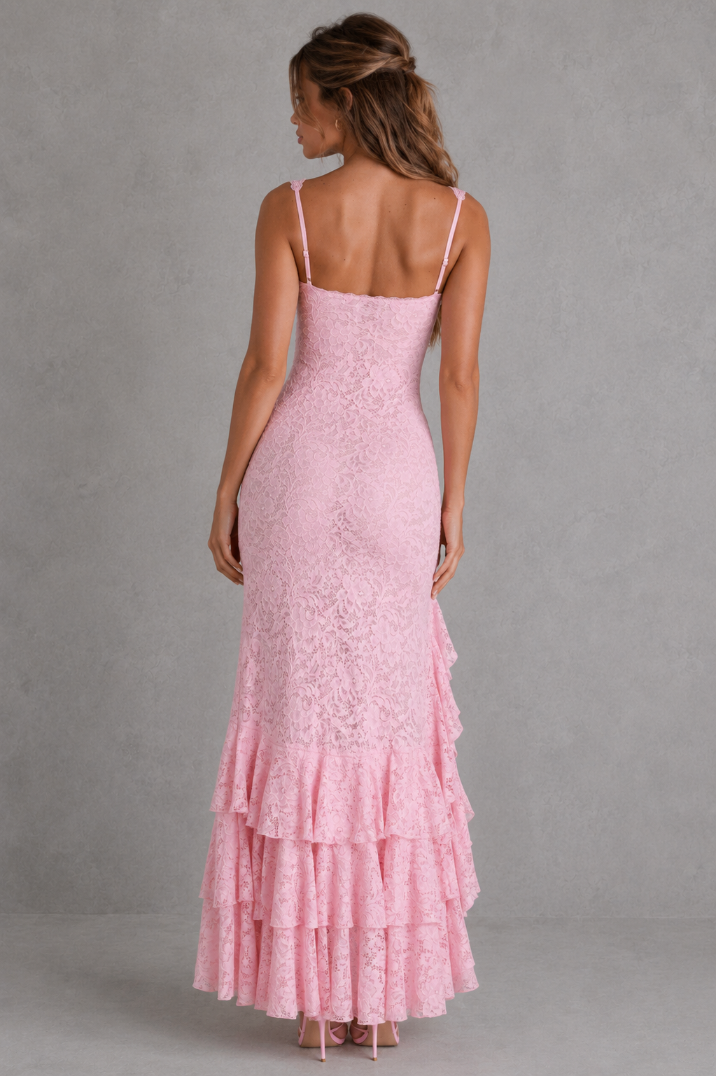 Women's Lace Maxi Dress with High Split & Ruffle Hem - Formal Evening Dress