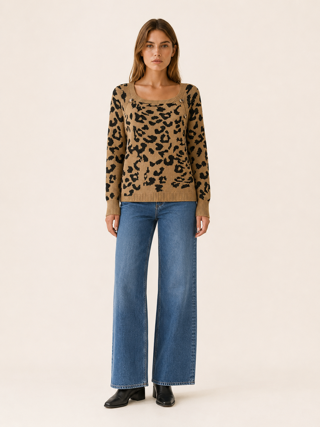 Square Neck Sweater with Leopard Print and Button Detail
