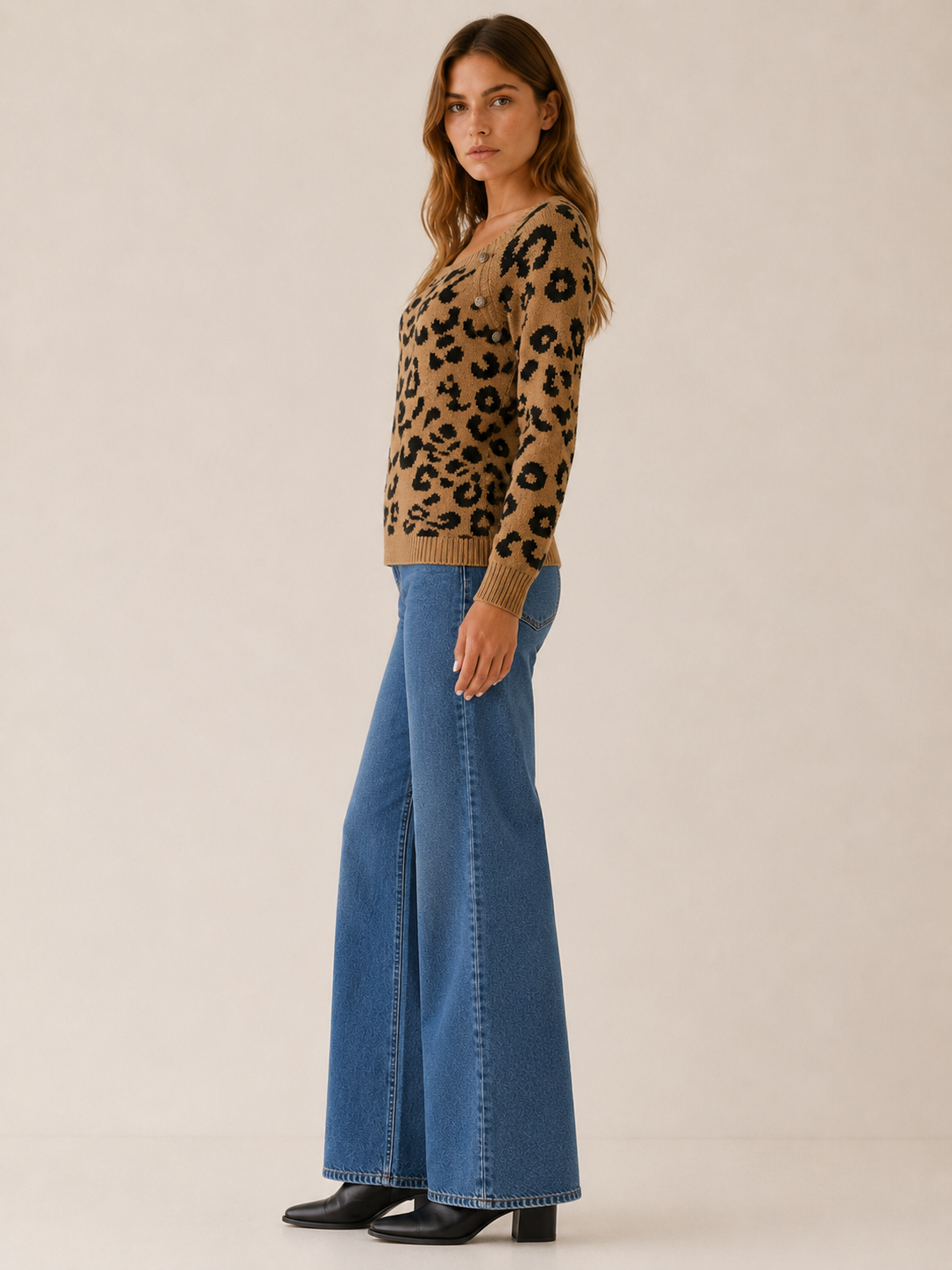 Square Neck Sweater with Leopard Print and Button Detail