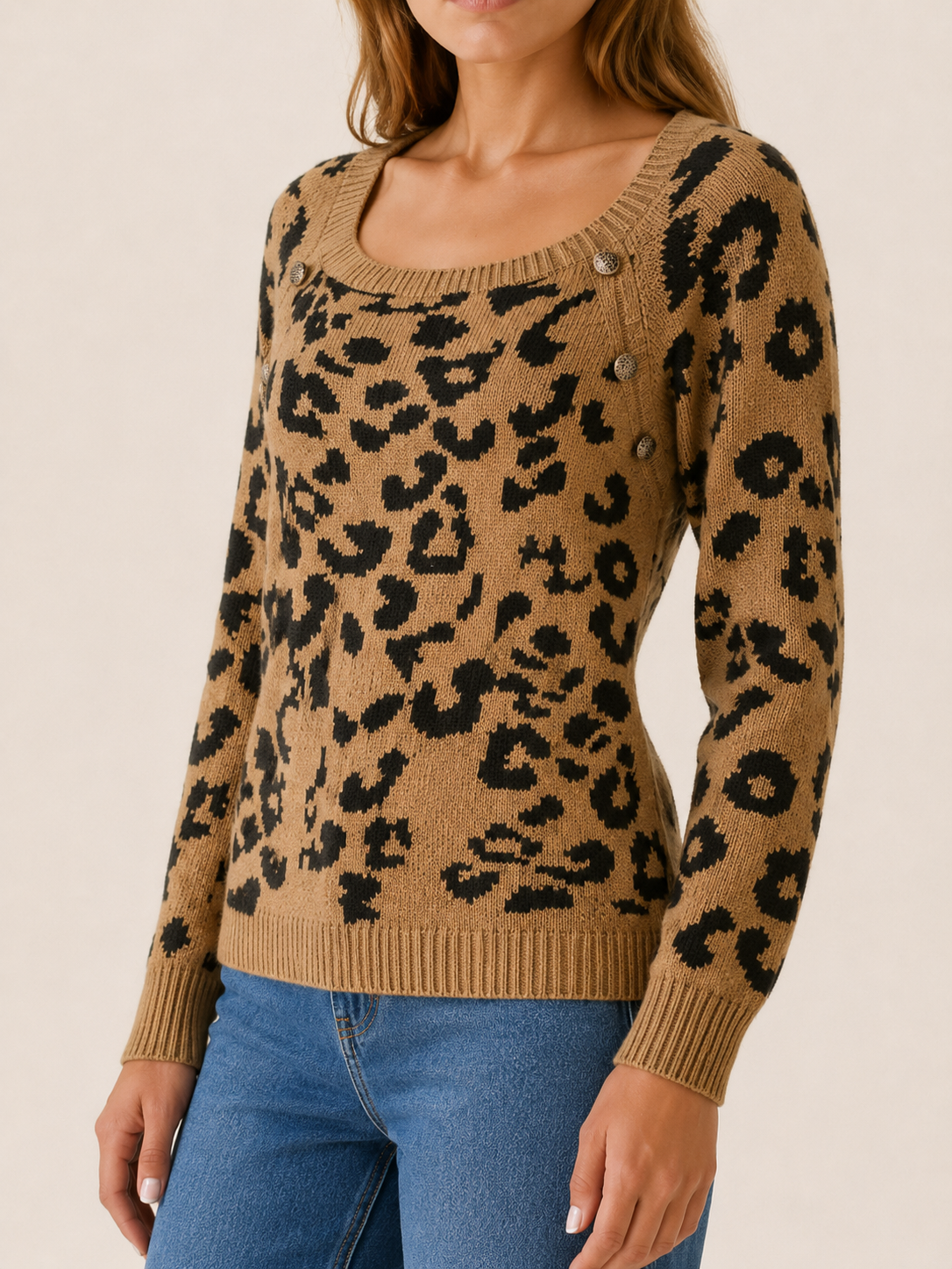 Square Neck Sweater with Leopard Print and Button Detail