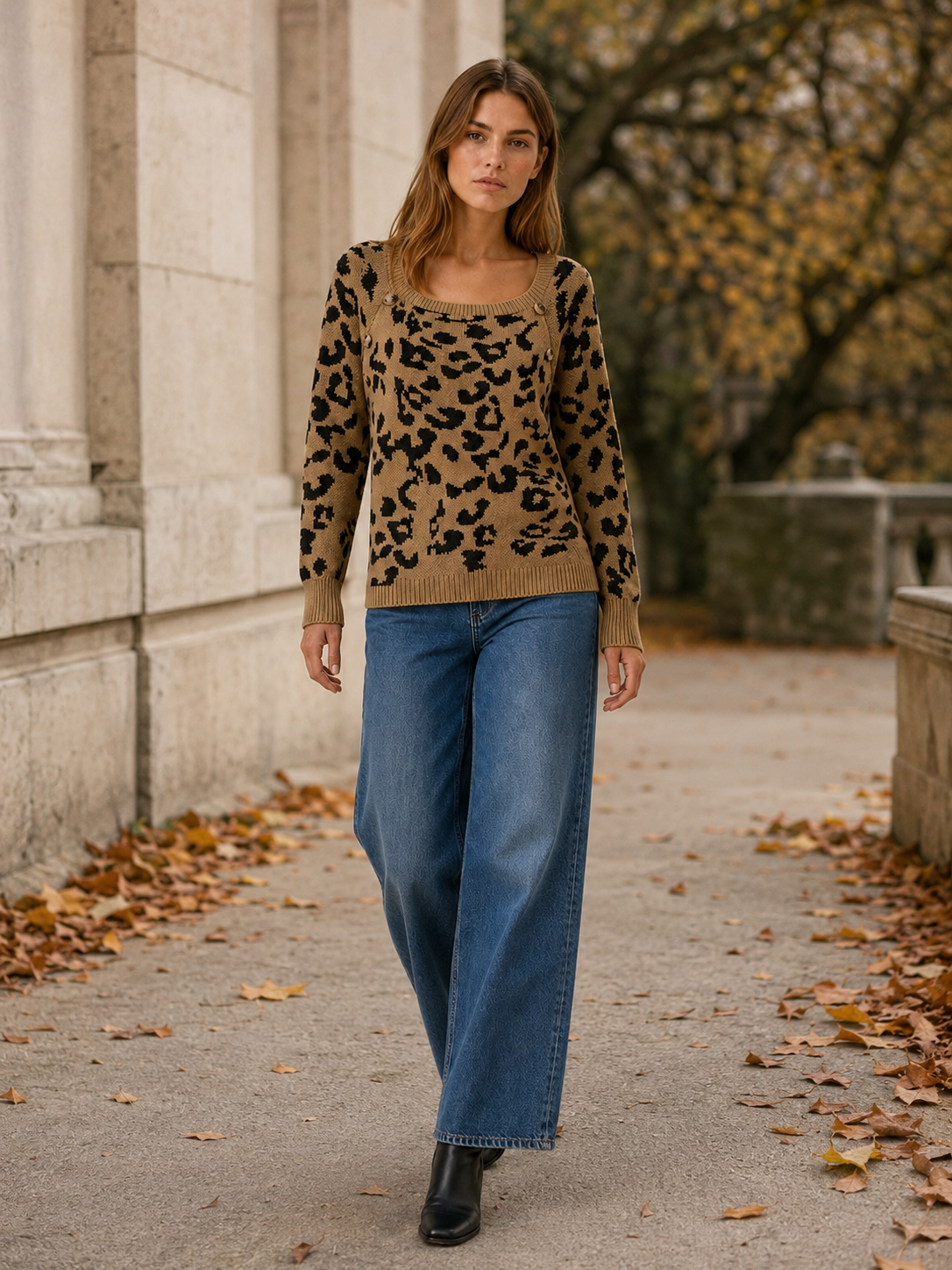 Square Neck Sweater with Leopard Print and Button Detail