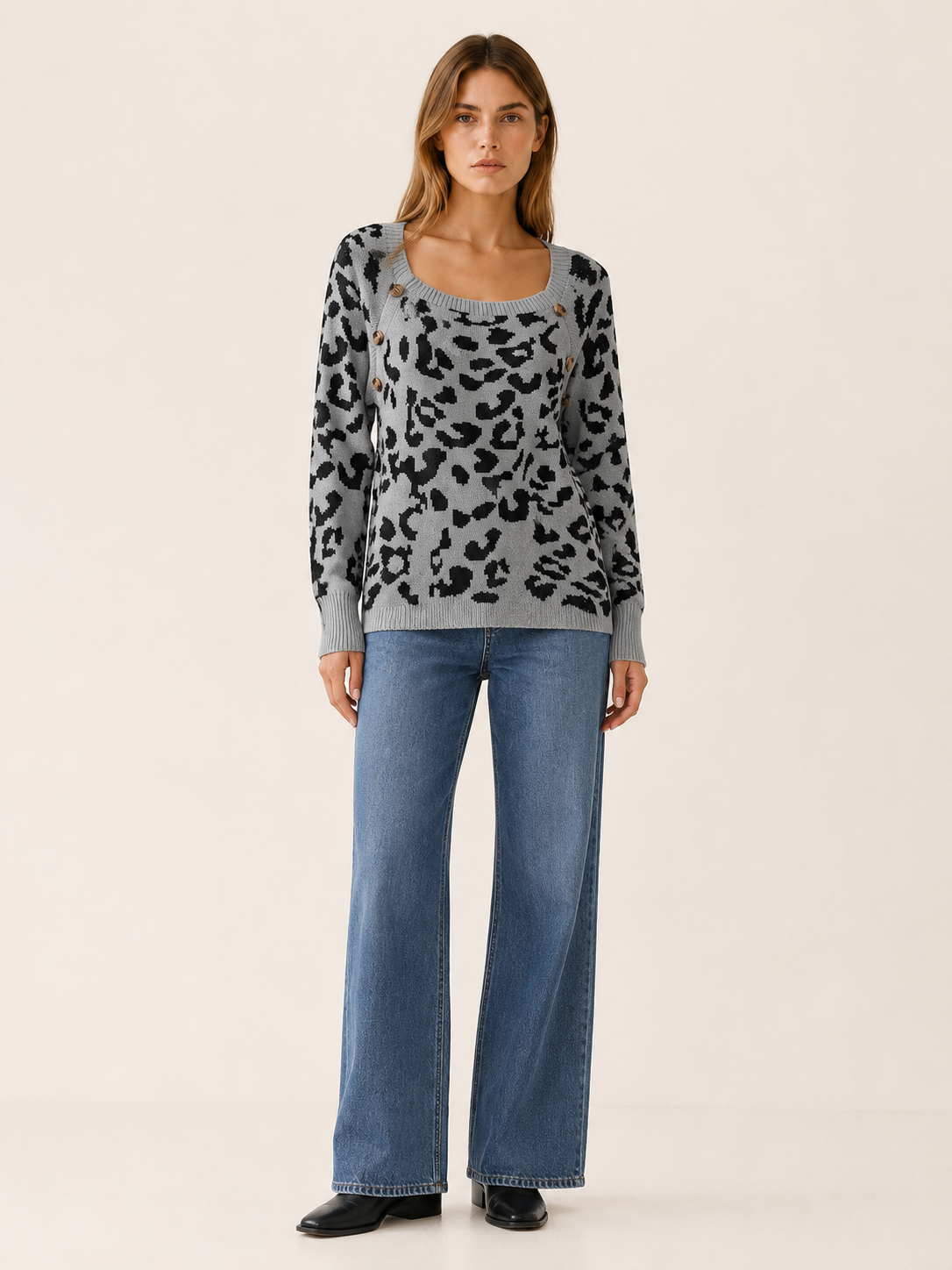 Square Neck Sweater with Leopard Print and Button Detail